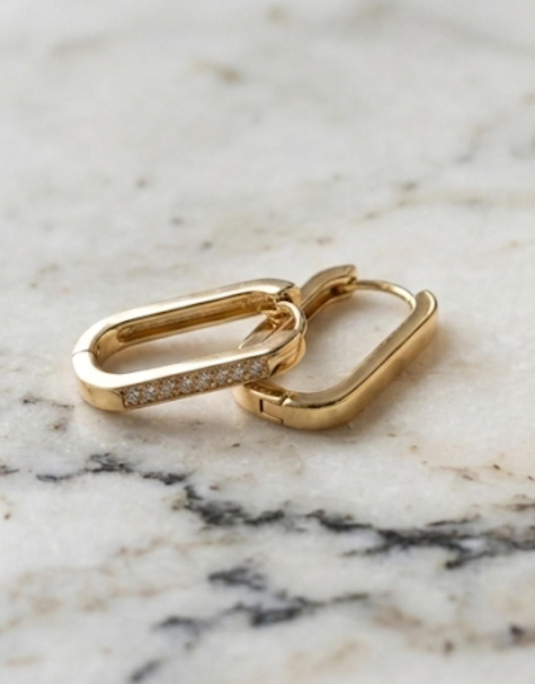 Golden Rectangular Huggie Hoop Earrings with Pavé