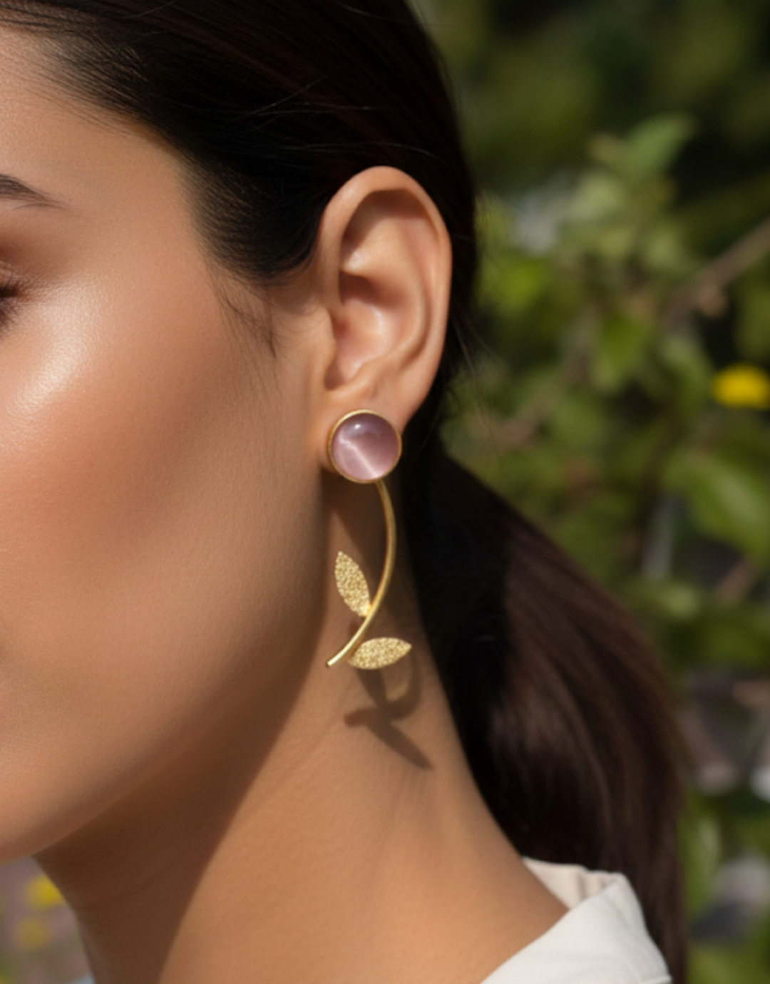 Rose Quartz & Golden Leaf Drop Earrings