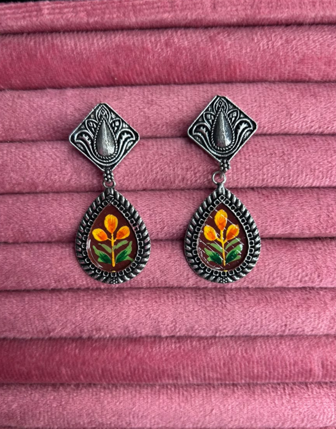 Hand-Painted Floral Meenakari Silver Oxidized Drop Earrings