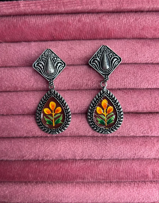 Hand-Painted Floral Meenakari Silver Oxidized Drop Earrings