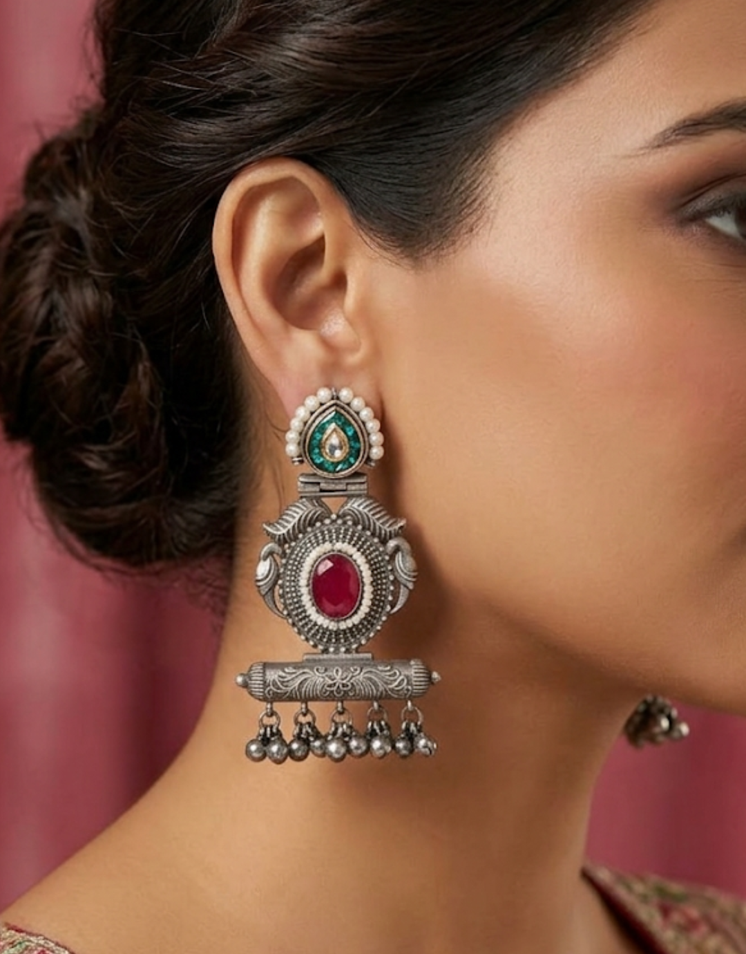 Ethnic Antique Silver Plated Drop Earrings with Emerald Green & Ruby Red Accents
