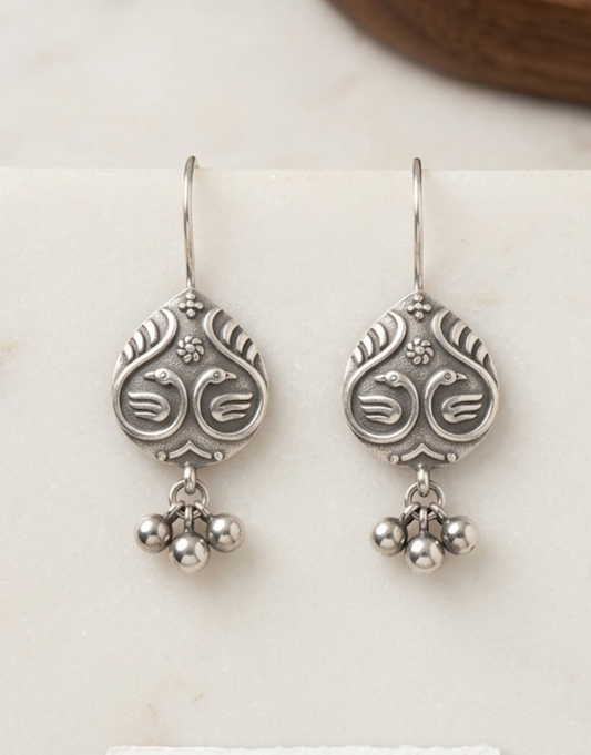 Silver Bird Motif Earrings | Antique Finish Dangle Drop Earrings