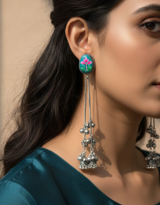 Meenakari Floral Long Drop Earrings – Oxidized Silver Jhumka Tassels