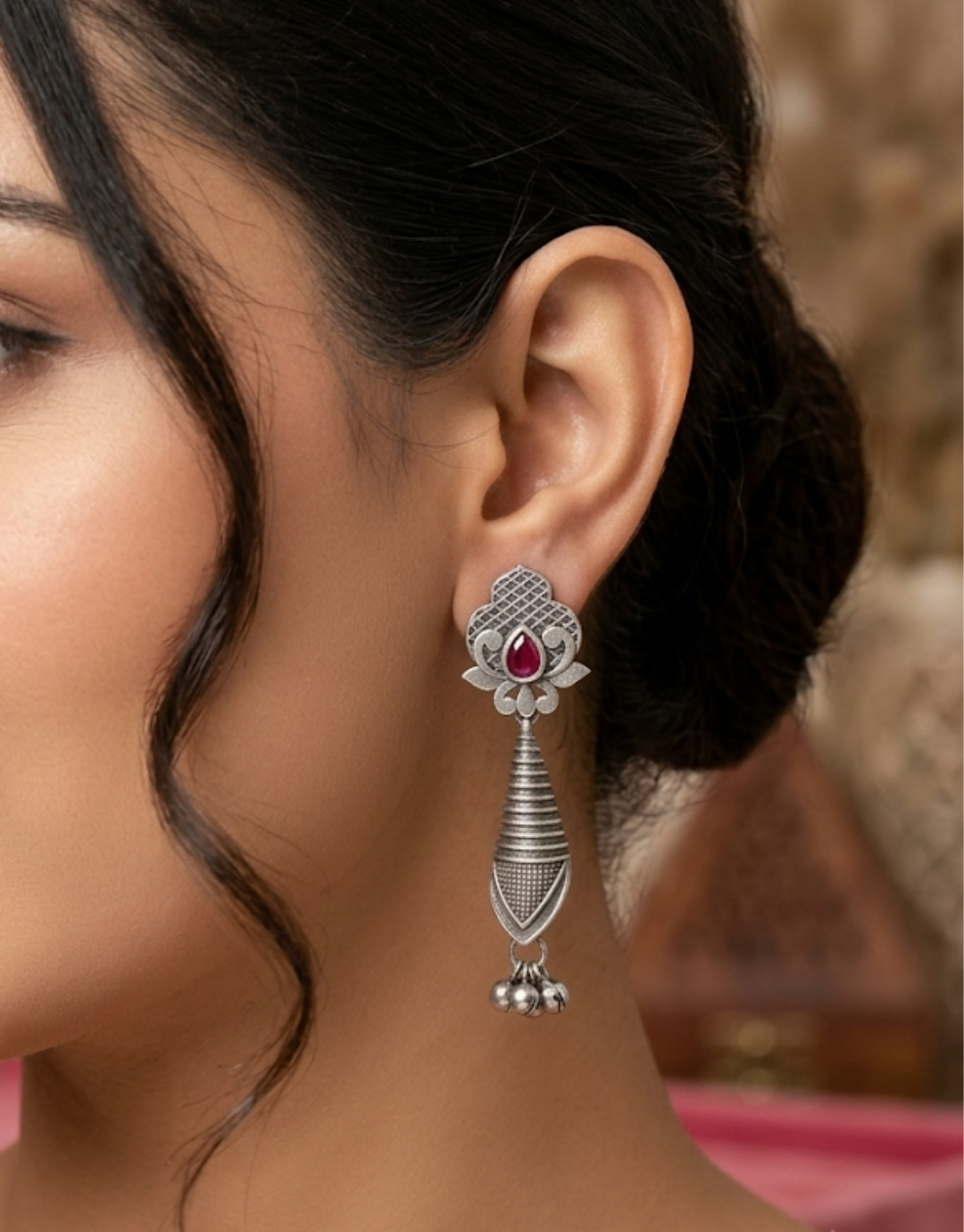 Crafted Antique Silver Lotus & Ruby Dangle Earrings
