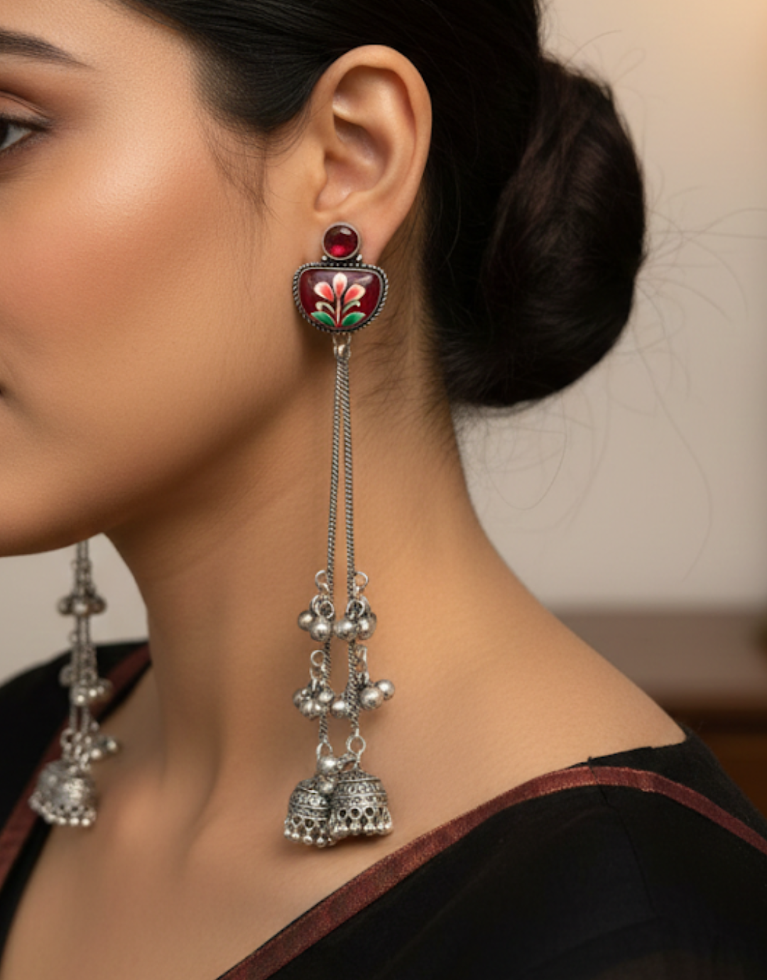Meenakari Enamel Earrings | Oxidized Silver Long Dangle & Drop | Ethnic Fusion Jewelry