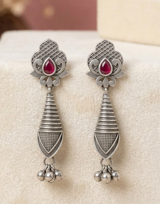 Crafted Antique Silver Lotus & Ruby Dangle Earrings
