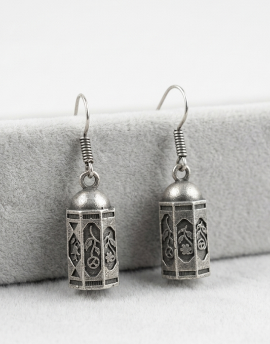 Oxidized Silver Cage Earrings – Intricate Floral & Peace Sign Dangles