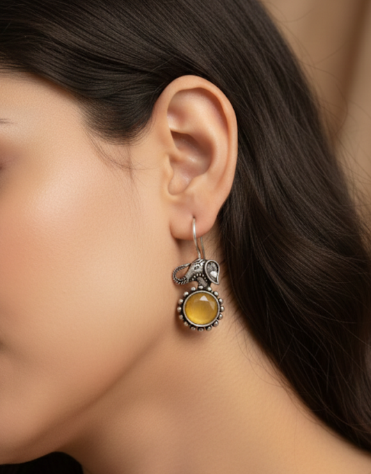 Elephant Drop Earrings with Citrine-Yellow Stone Accents