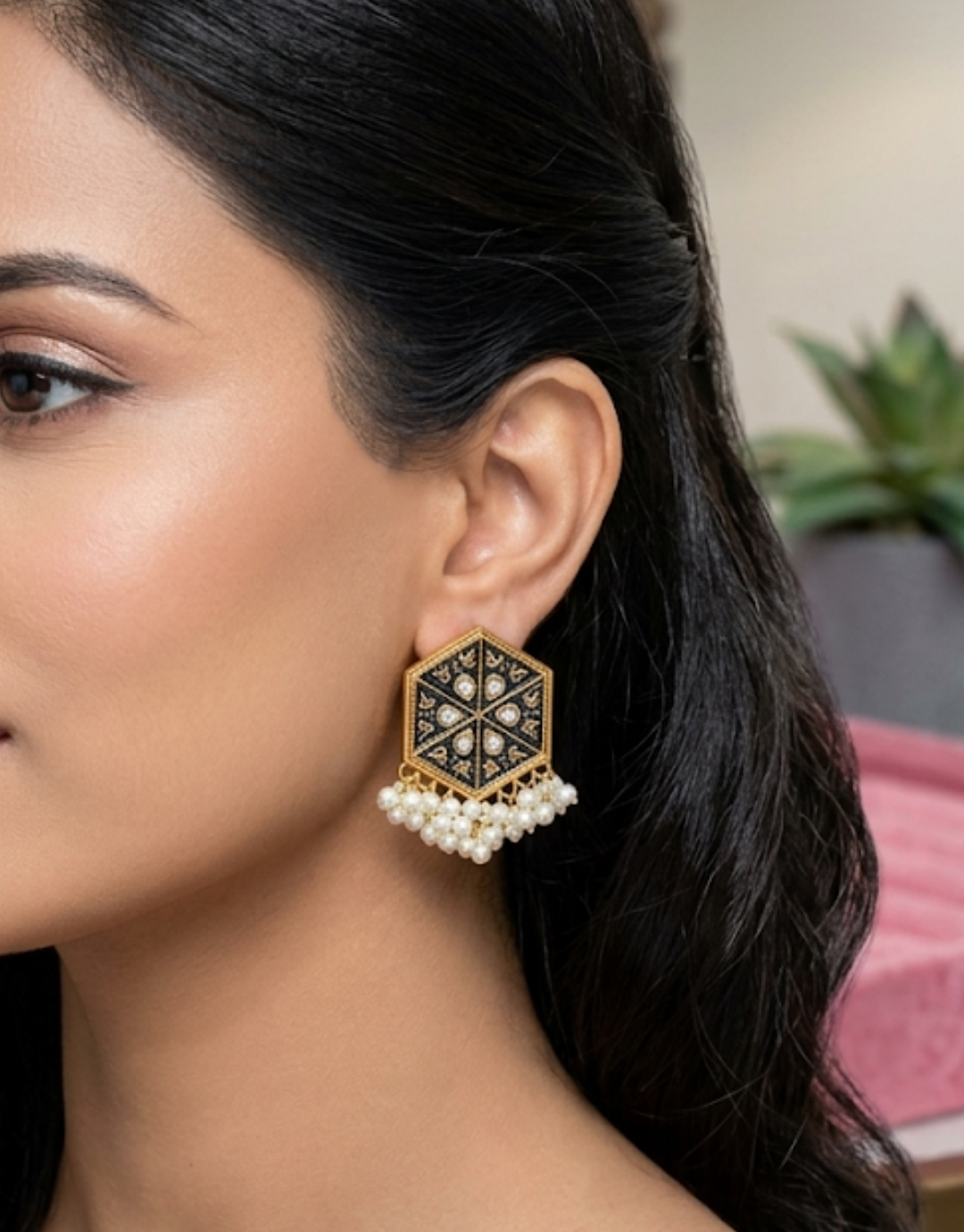 Royal Hexagon Meenakari Stud Earrings with Pearl Cluster