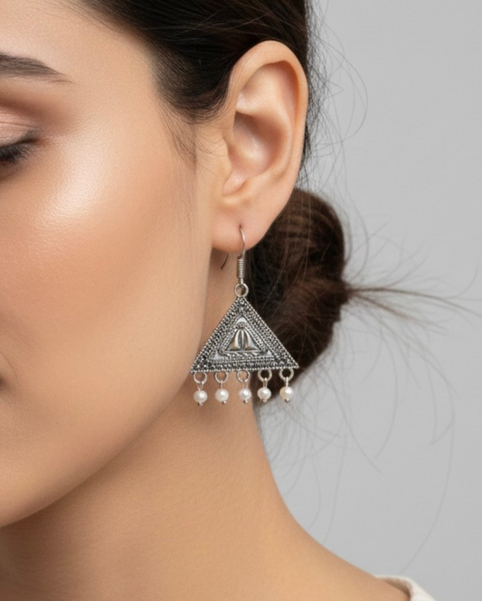Bohemian Tribal Triangle Earrings - Oxidised Silver & Pearl Combo
