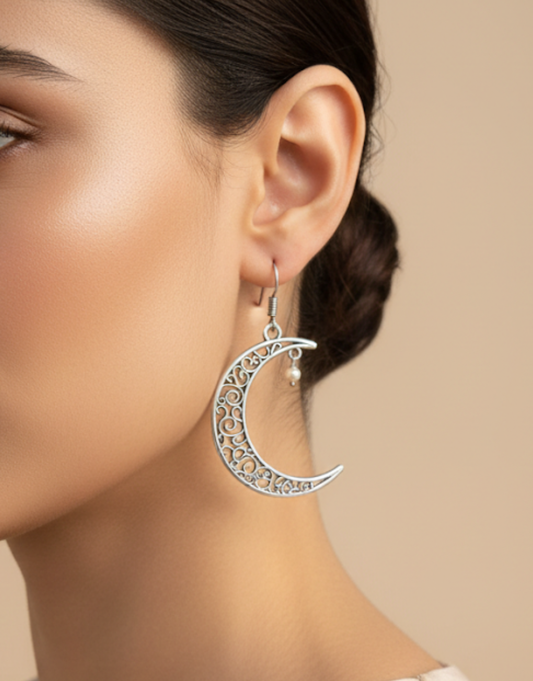 Celestial Filigree Crescent Moon Earrings – Oxidized Silver Finish with Pearl Accent