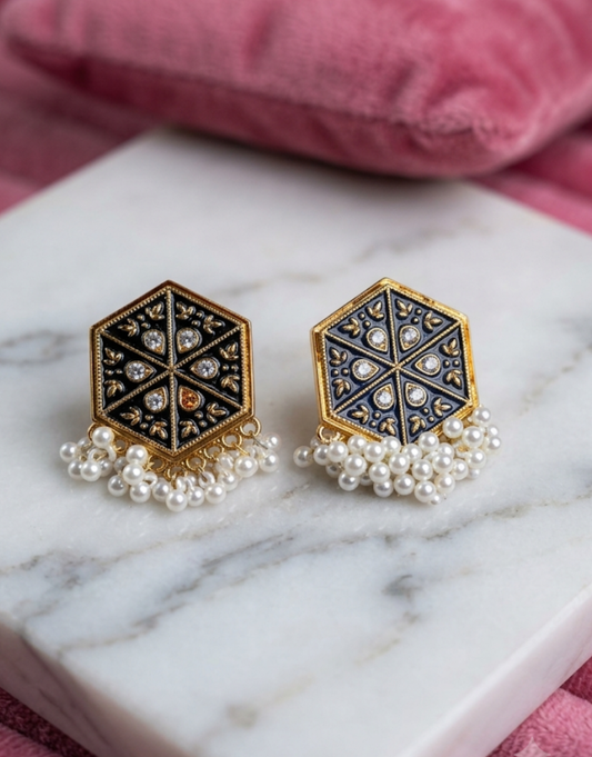 Royal Hexagon Meenakari Stud Earrings with Pearl Cluster