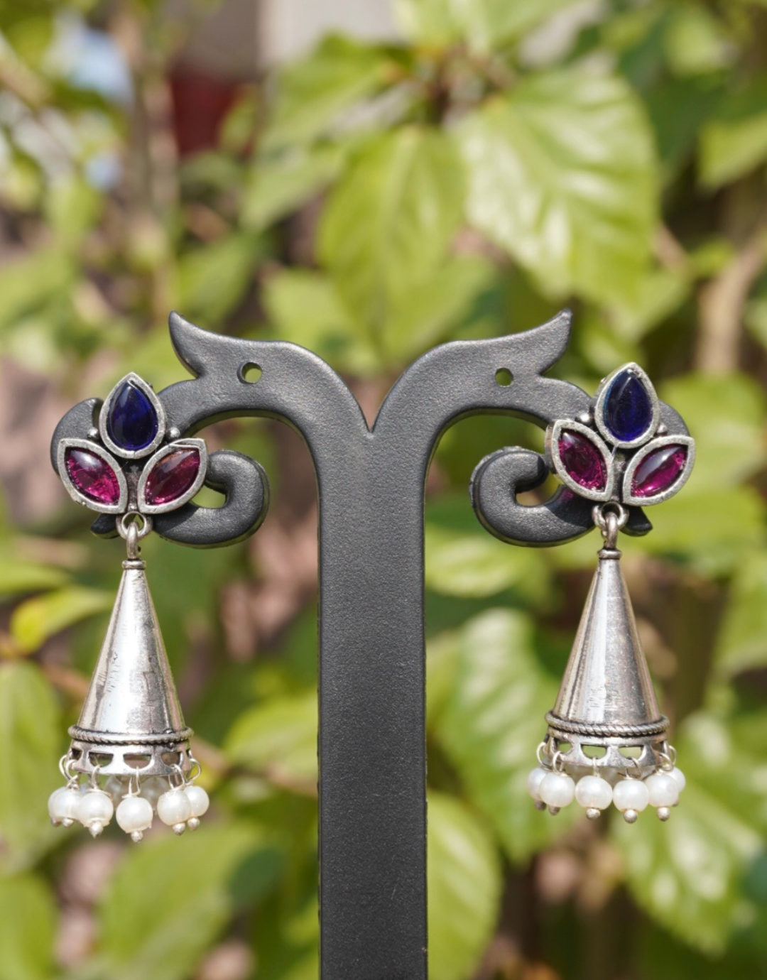 Oxidized Silver Jhumkas with Tri-Color Stones and Pearl Accents