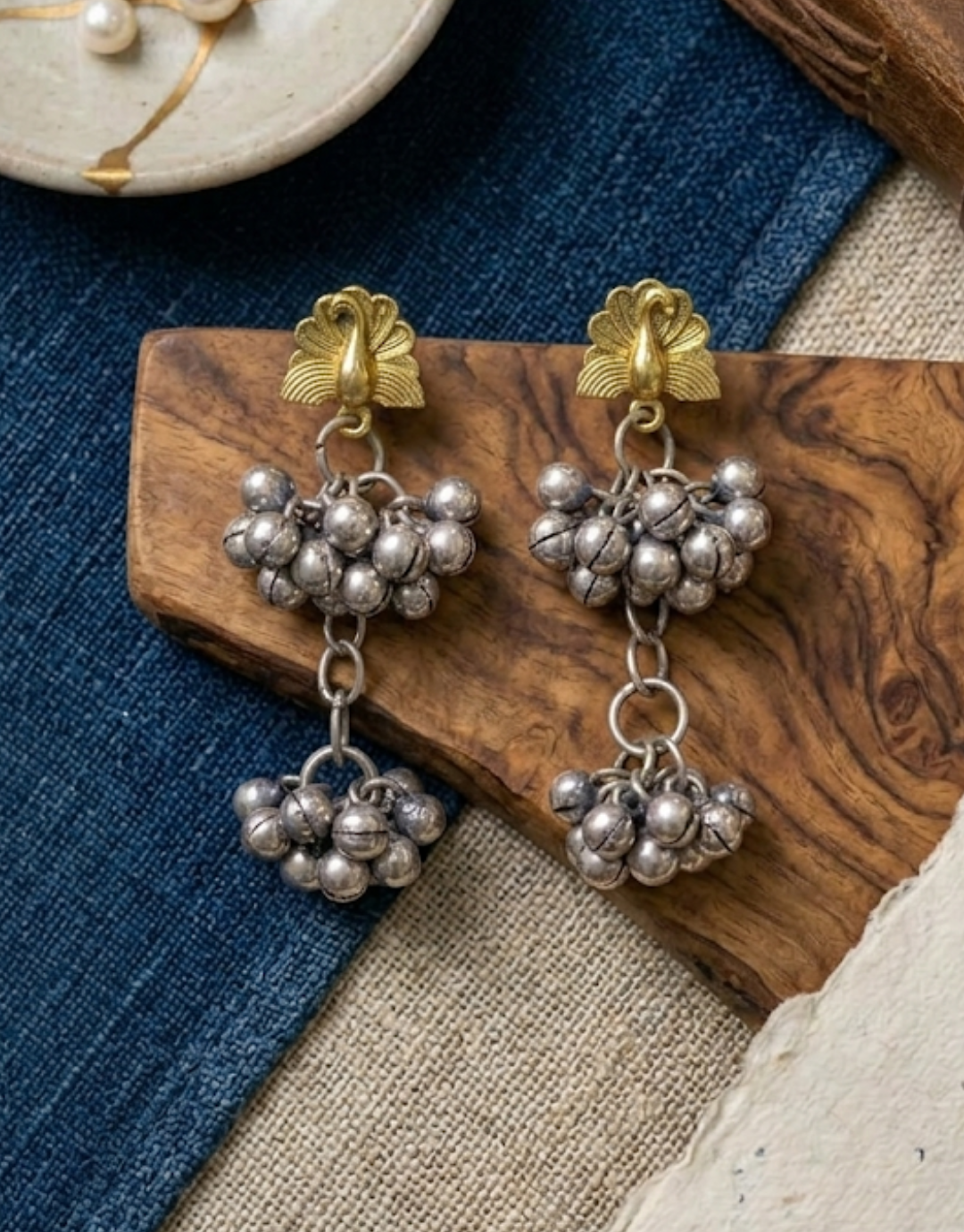 Dual-Tier Ghungroo Drop Earrings with Brass Peacock Stud