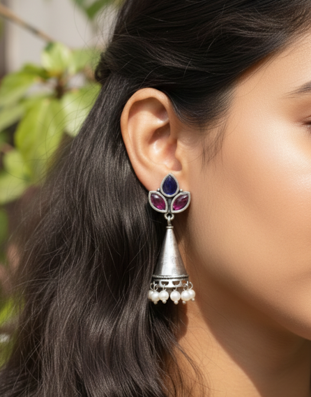 Oxidized Silver Jhumkas with Tri-Color Stones and Pearl Accents