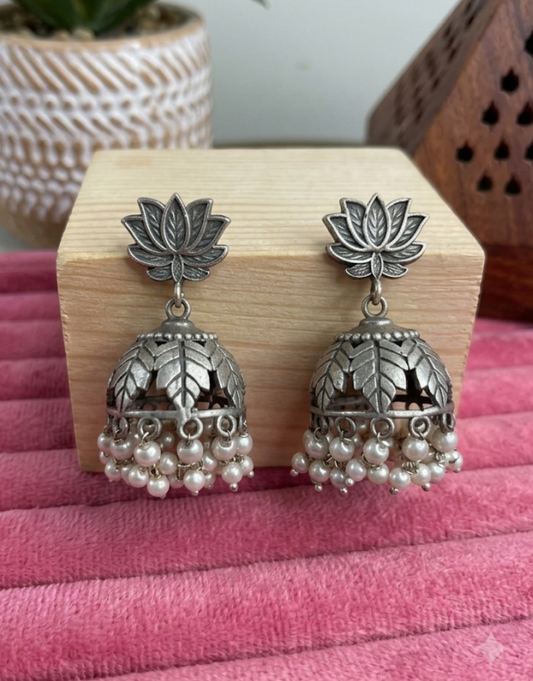 Oxidised Silver Lotus Motif Jhumkas with Seed Pearls