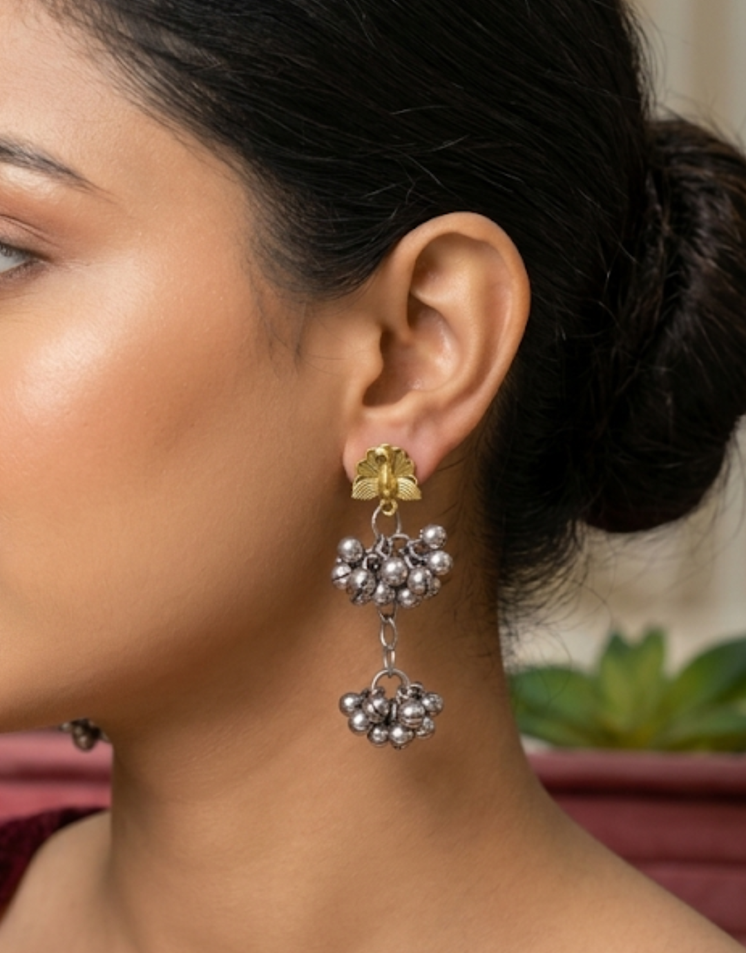 Dual-Tier Ghungroo Drop Earrings with Brass Peacock Stud