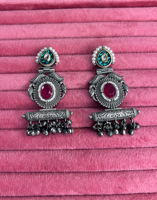 Ethnic Antique Silver Plated Drop Earrings with Emerald Green & Ruby Red Accents