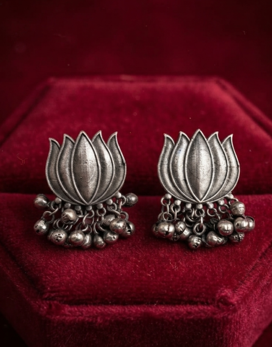 Lotus Oxidized Silver Jhumka Studs