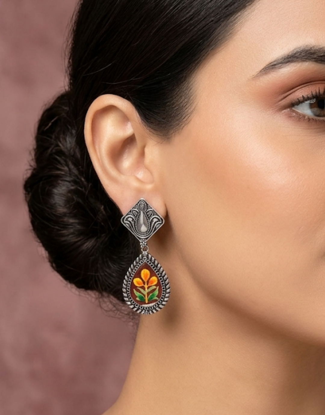 Hand-Painted Floral Meenakari Silver Oxidized Drop Earrings