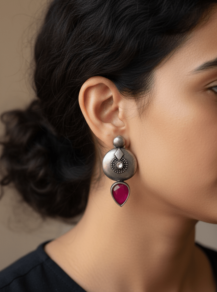 Oxidized Silver Stud Earrings with Stone Drop