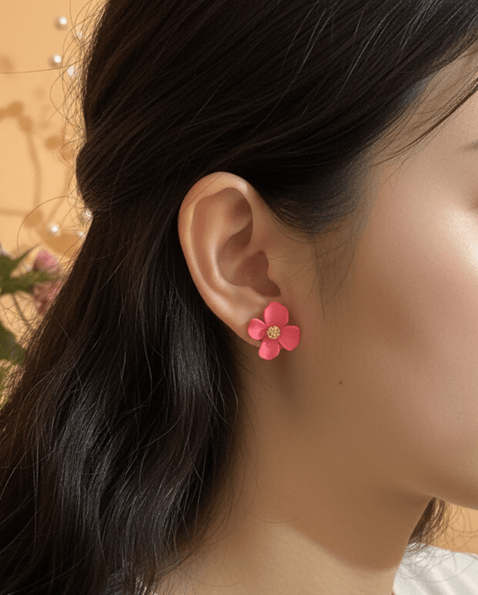 Vibrant Matte Pink Blossom Flower Stud Earrings