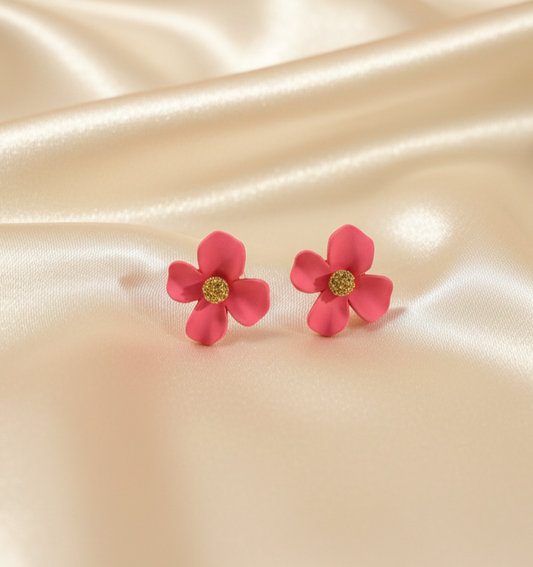 Vibrant Matte Pink Blossom Flower Stud Earrings