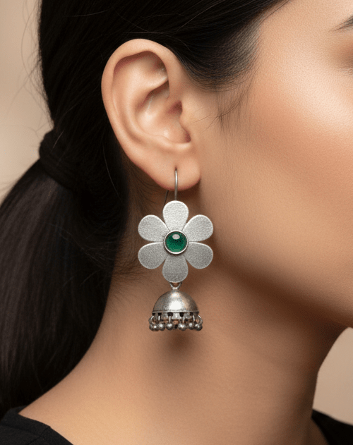 Oxidised Silver Flower Jhumka with Green Stone