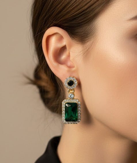 Regal Emerald-Cut Drop Earrings | Vintage-Inspired Statement Jewelry with Pavé Crystal Halo
