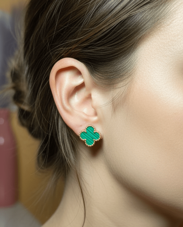 Elegant Onyx-Style Four-Leaf Clover Stud Earrings