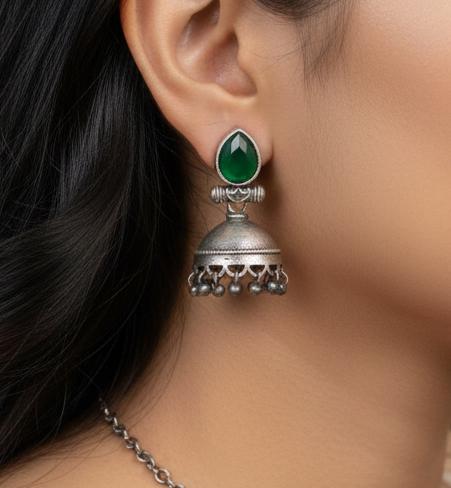 Emerald Green Stone Oxidized Silver Jhumkas