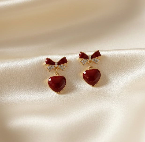 Red Heart Bow Earrings – Gold Drop Dangle Earrings for Women – Valentine’s Jewelry Gift