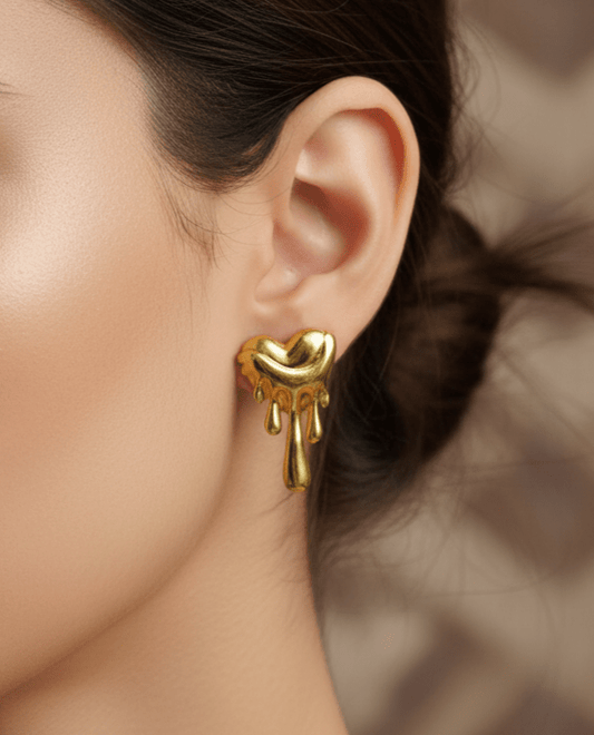 Melted Heart Gold Stud Earrings – Bold & Artistic Design