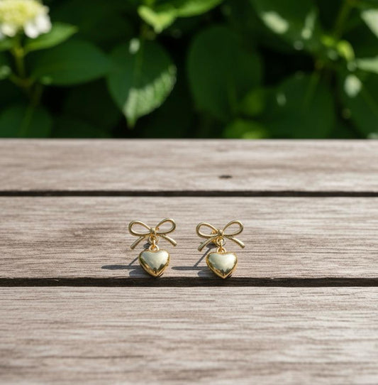 Golden Bow & Heart Drop Earrings