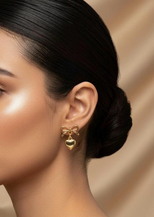 Golden Bow & Heart Drop Earrings