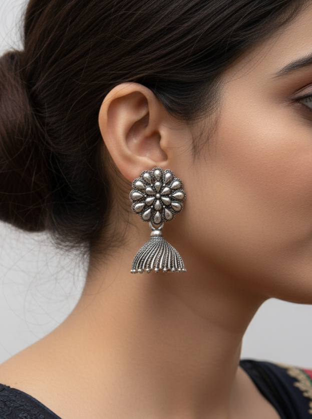 Floral Stud Oxidized Silver Jhumka Earrings | Oxidised Finish Bell Danglers