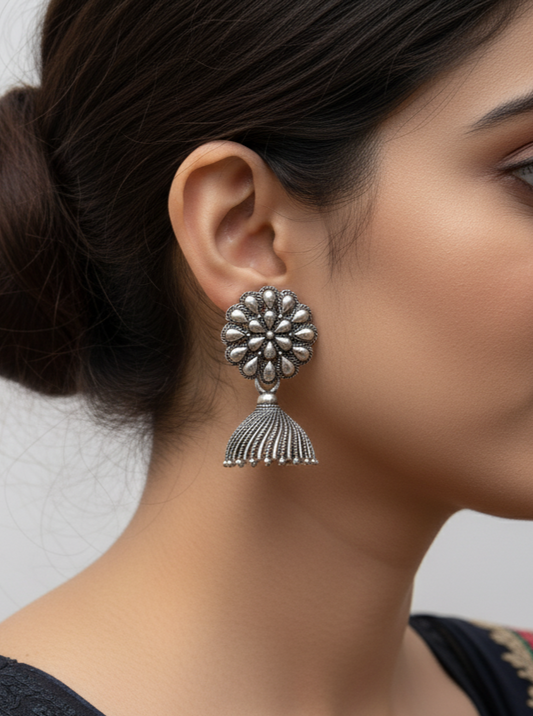 Floral Stud Oxidized Silver Jhumka Earrings | Oxidised Finish Bell Danglers