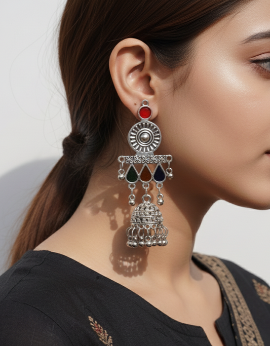 Oxidized Silver Multi-Color Stone Jhumka Earrings