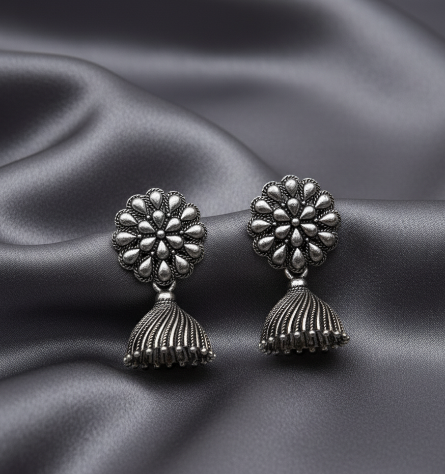 Floral Stud Oxidized Silver Jhumka Earrings | Oxidised Finish Bell Danglers