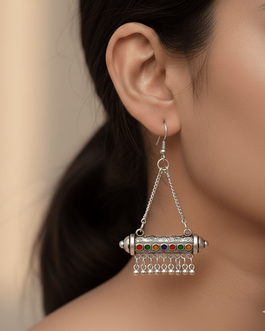 Oxidized Silver Jhumka Earrings with Grooved Bell