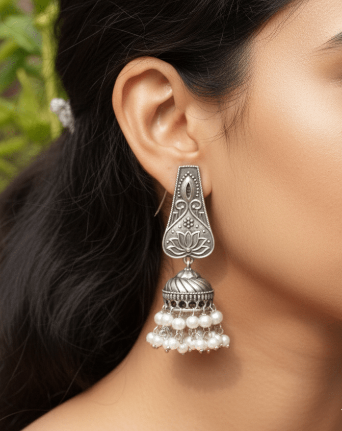 Lotus Jhumka Earrings with Layered Pearl Drops