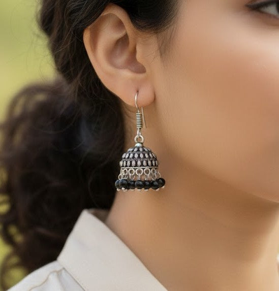 Traditional Oxidized Silver Jhumka Earrings with Black Beads