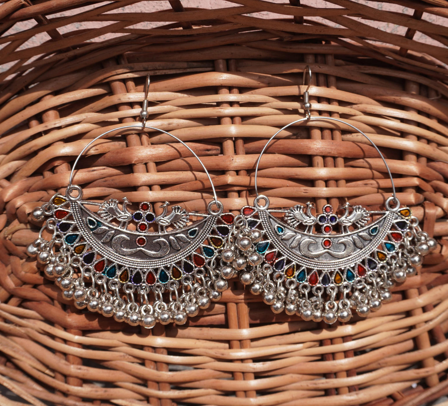 Oxidized Chandbali Jhumka Earrings with Multi-Color Enamel & Ghungroo Beads