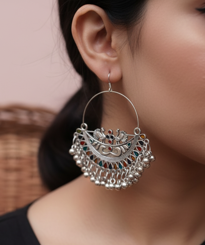 Oxidized Chandbali Jhumka Earrings with Multi-Color Enamel & Ghungroo Beads