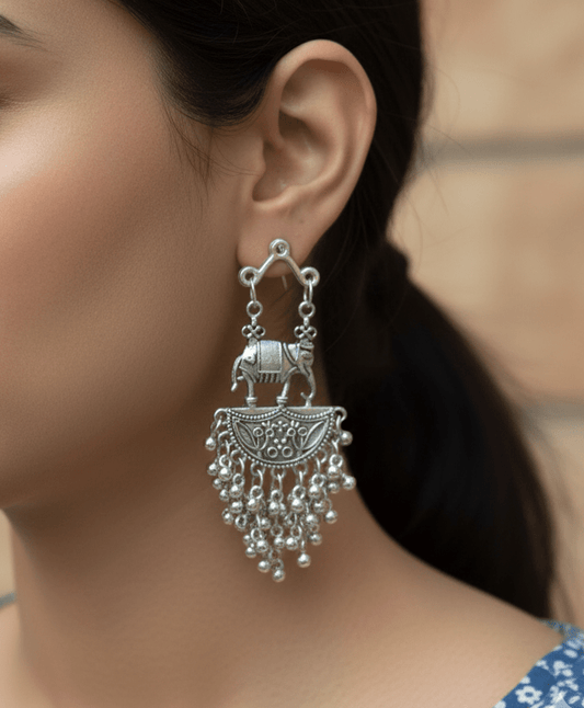 Oxidised Elephant Design Dangle Earrings