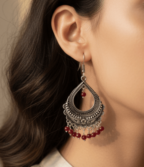 Oxidized Silver Jhumka Drop Earrings with Stone