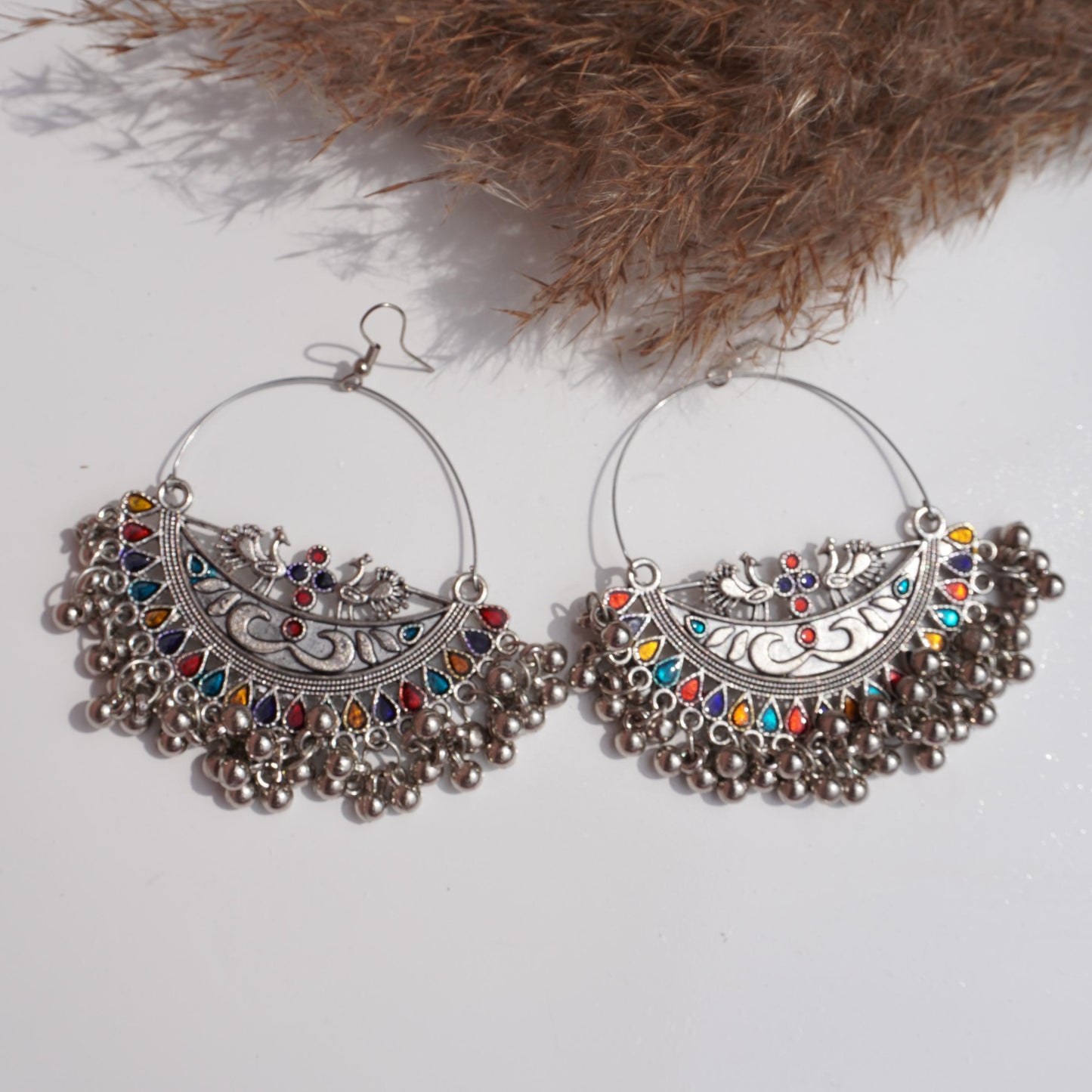 Oxidized Chandbali Jhumka Earrings with Multi-Color Enamel & Ghungroo Beads