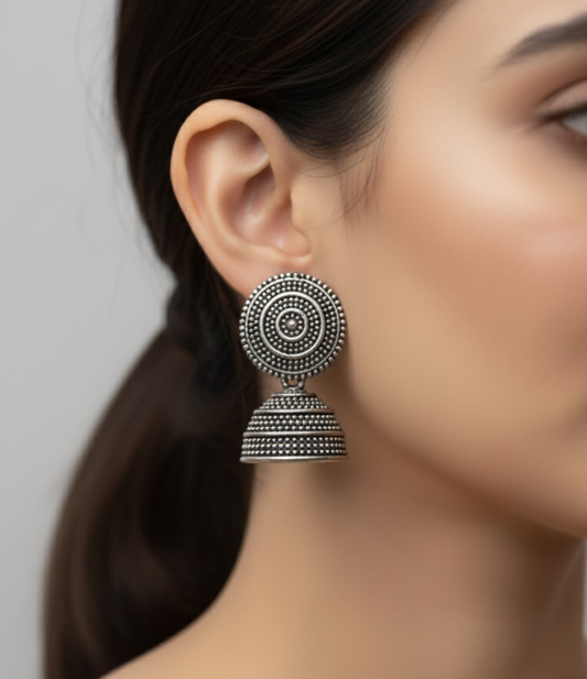 Traditional Oxidized Silver Jhumka Earrings with Concentric Circle Design