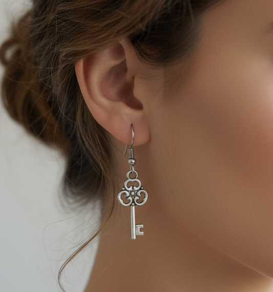 Vintage-Inspired Silver Skeleton Key Drop Earrings
