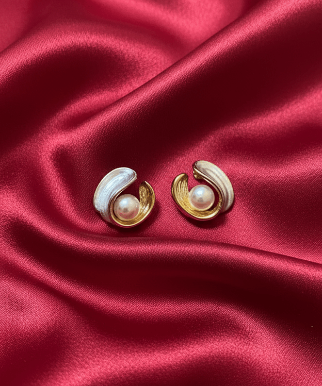 Dual Tone Pearl Stud Earrings